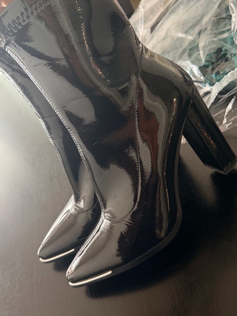 Black Patent Pointed-Toe Block Heel Boots